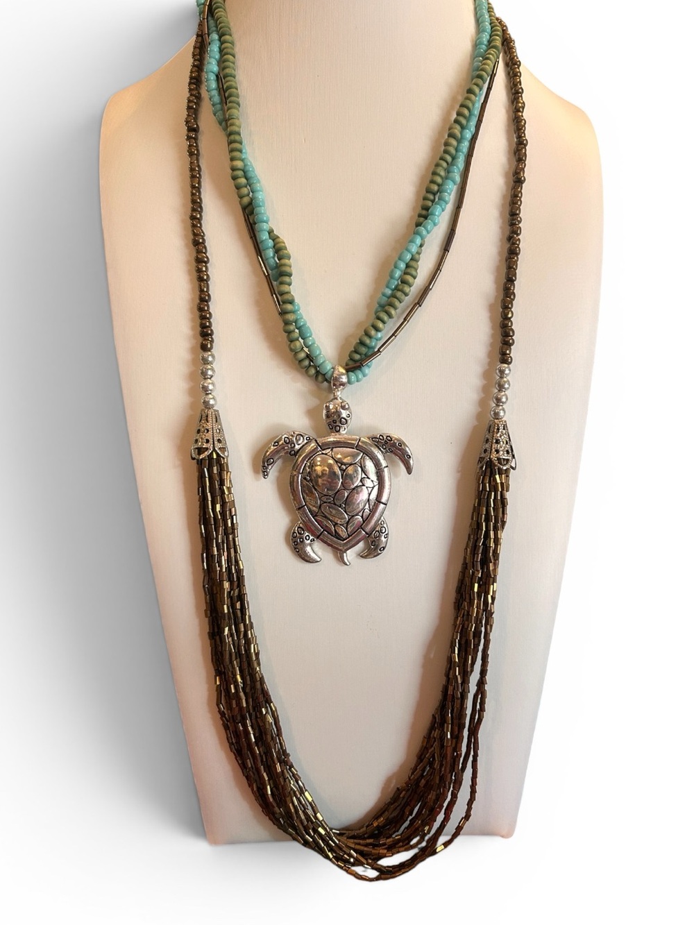 Turquoise & Brown Turtle Pendant Layered Necklace Set